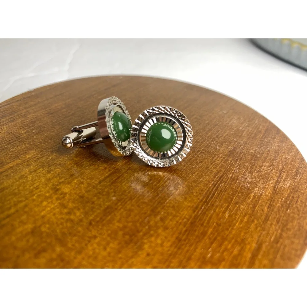 Vintage Silver Tone Green Cabochon Sunburst Round Cufflinks Formal Accessory‎
